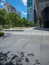 there are some buildings near each other and the ground has paving tiles on it and trees around