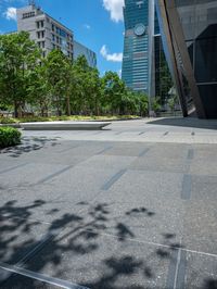 there are some buildings near each other and the ground has paving tiles on it and trees around