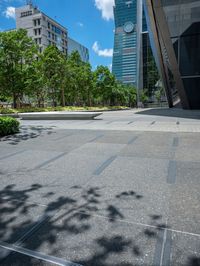 there are some buildings near each other and the ground has paving tiles on it and trees around