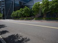 the empty road is very quiet in a city setting, in this image there are trees growing along it