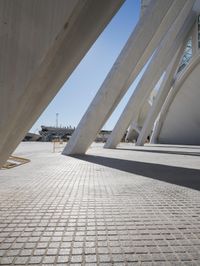 there is an outside structure with a roof and columns that extends the center from it
