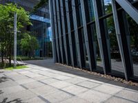 a bench is in front of a large glass building near trees and lawns on the sidewalk