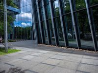 a bench is in front of a large glass building near trees and lawns on the sidewalk