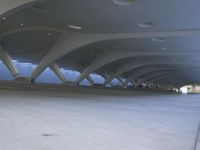 a person riding a skateboard down a sidewalk under a large structure of vaulted ceilings