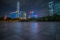 a city skyline lit up with many buildings in the background and a park with benches at its base