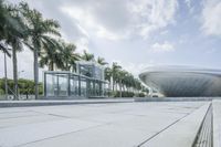 the facade is surrounded by palm trees and walkways, making it appear to have a concrete slab floor