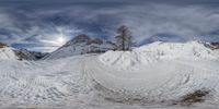 a photo taken looking at some ski tracks in the snow and mountains beyond it there are snow and trees, and a few blue sky