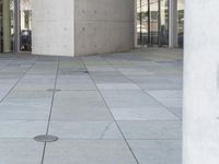 a person on a skateboard stands in front of a building with many glass doors