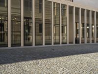 a large building with several windows on each floor and a brick path in front of the building