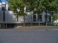 a large building with an entrance on a city street lined by tall green trees, and a small bench near it