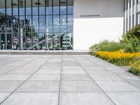 the sidewalk outside a white building with some windows, as well as plants and a flower garden