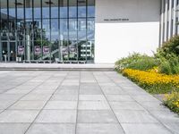 the sidewalk outside a white building with some windows, as well as plants and a flower garden