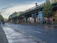 the view under the highway, on a rainy day of the city street and on the streets with buildings and bicycles