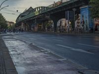 the view under the highway, on a rainy day of the city street and on the streets with buildings and bicycles