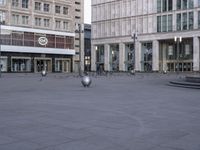 a group of birds are sitting on top of a concrete floor in front of large buildings