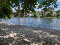 the view from a bench at the river bank near the park benches and buildings in the distance