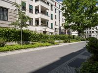 a street with a cobblestone walk way between the two buildings, with many bushes and green plants lining both sides