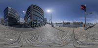 this is a fish eye photo of a building on the waterfront of a port in the uk