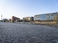 a cobblestone street in front of some high rise buildings and a television tower