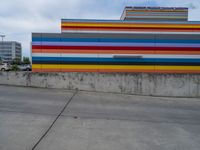 an empty parking lot painted brightly stripes on the wall of the building and sky as well as stones