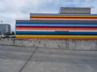 an empty parking lot painted brightly stripes on the wall of the building and sky as well as stones