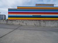 an empty parking lot painted brightly stripes on the wall of the building and sky as well as stones