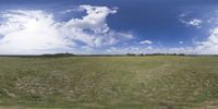 a field that is very close to the ground with clouds in the background and some grass