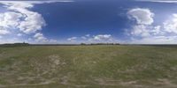 a field that is very close to the ground with clouds in the background and some grass