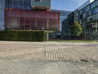 a paved path on a street in front of an office building and bushes and a lawn