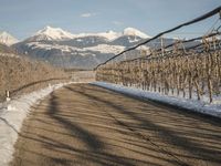 this rural country road has some skis hanging over it and there are snow on the ground