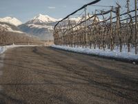 this rural country road has some skis hanging over it and there are snow on the ground