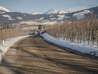 this rural country road has some skis hanging over it and there are snow on the ground