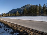 a person is riding his bike down a road with snow on the ground and trees