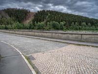 concrete walkway with trees and fenced in area on opposite sides of the road and one side of the road