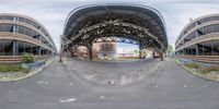 view of curved entrance and architecture from a fish - eye lens perspective using panoramic lens