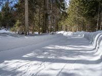 snowboarder wearing skis and riding along a snowy road lined with trees in the woods