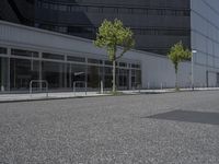 a sidewalk on a clear day with buildings and trees along side of road on either side