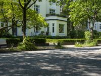 a person in the street driving past houses and trees and bushes on the pavement with a red fire hydrant