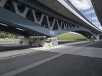 a bike is riding under a bridge over a road with graffiti and a person in a wet suit