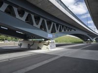 a bike is riding under a bridge over a road with graffiti and a person in a wet suit