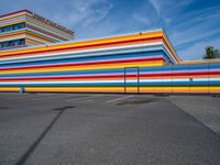 an empty parking lot painted brightly stripes on the wall of the building and sky as well as stones