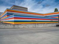 an empty parking lot painted brightly stripes on the wall of the building and sky as well as stones