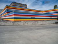 an empty parking lot painted brightly stripes on the wall of the building and sky as well as stones