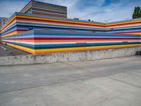 an empty parking lot painted brightly stripes on the wall of the building and sky as well as stones