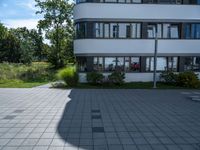 a building with a green lawn next to it and some trees on the street with some grass and bushes behind