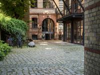 bicycles parked on a brick walkway between buildings and trees that are closed off in the shade