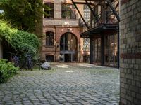 bicycles parked on a brick walkway between buildings and trees that are closed off in the shade