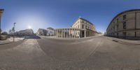 a wide angle picture of a circular city street in an upside down lens, looking directly into the middle