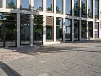 people walking in front of a building with glass windows with sun shining in the reflection