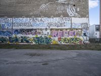 graffiti on the side of a building with a brick chimney in front of it and some green grass